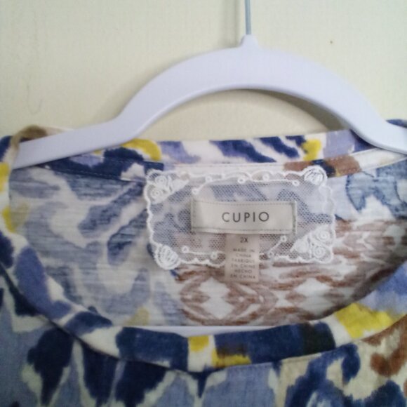 Cupio Blouse Women 2X Short Sleeve Soft Pattern Blue Brown Yellow - Picture 9 of 15